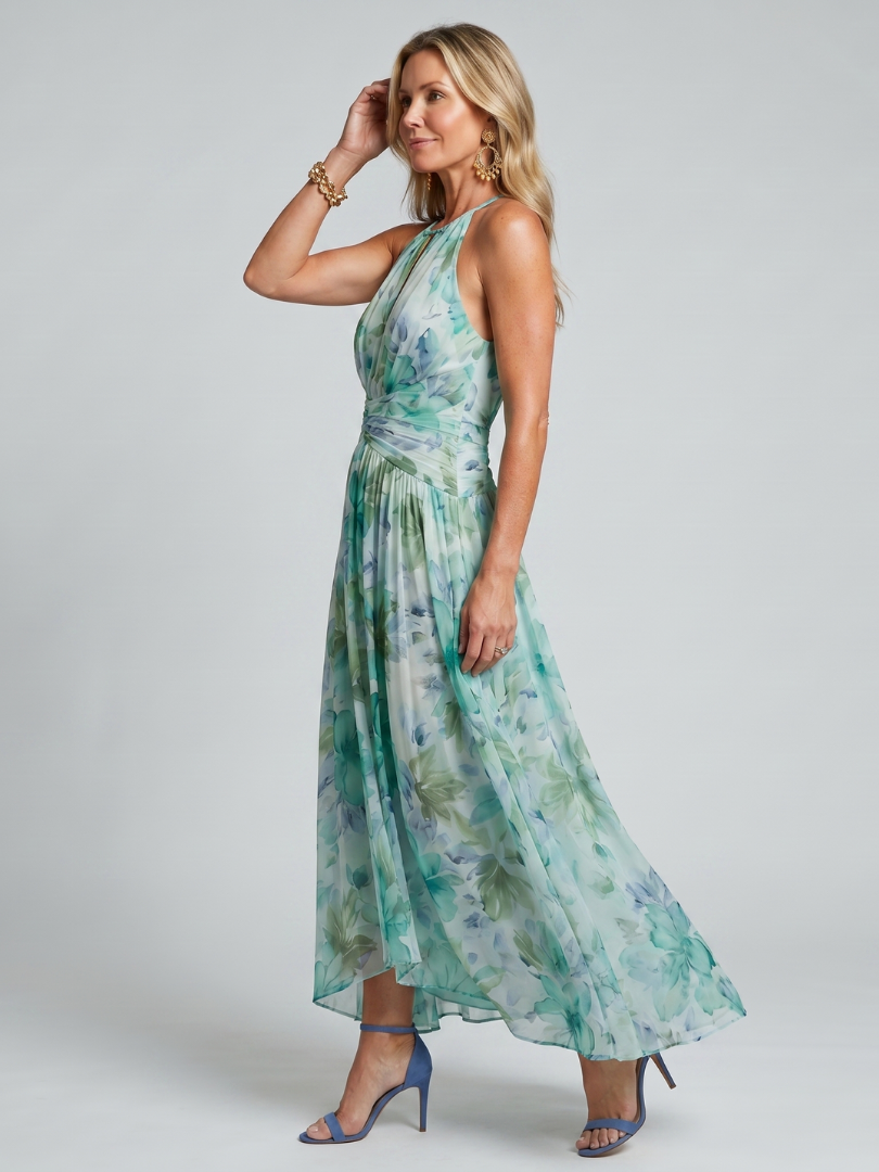 Portia Pleated Halter Soft Floral Pattern Midi Dress - alternate view