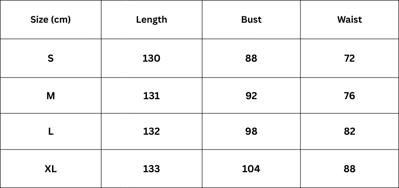 Table displaying clothing size chart with measurements in centimeters