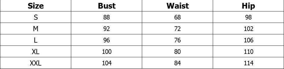 Size chart for clothing with measurements in centimeters