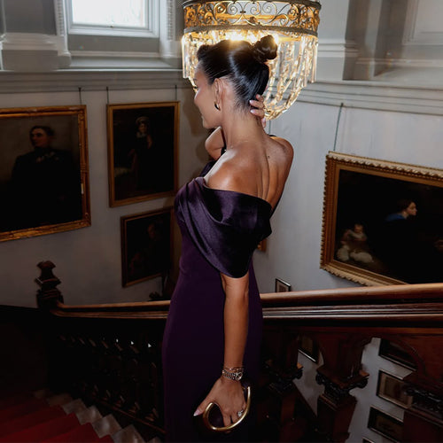 V-neck Slim-fit Waist Sheath Split Off-the-shoulder Dress