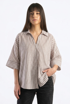 Linen Blended Wide Sleeve Purple Stripes Shirt