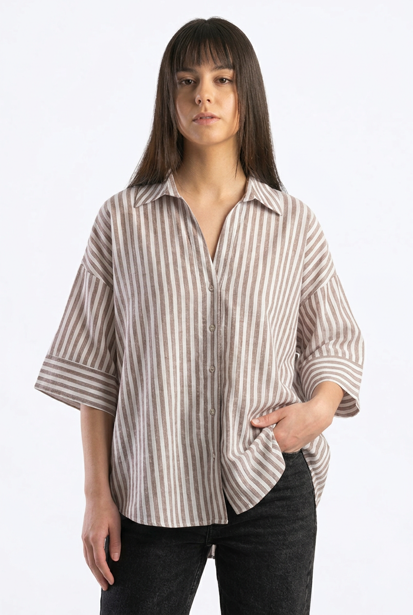 Linen Blended Wide Sleeve Purple Stripes Shirt