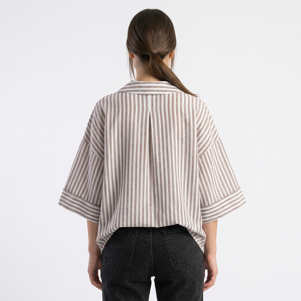 Linen Blended Wide Sleeve Purple Stripes Shirt