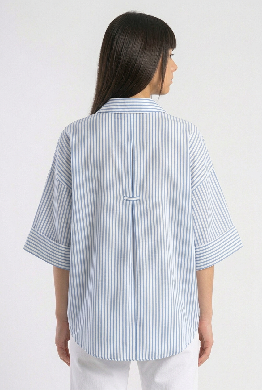 Linen Blended Wide Sleeve Blue Stripes Shirt