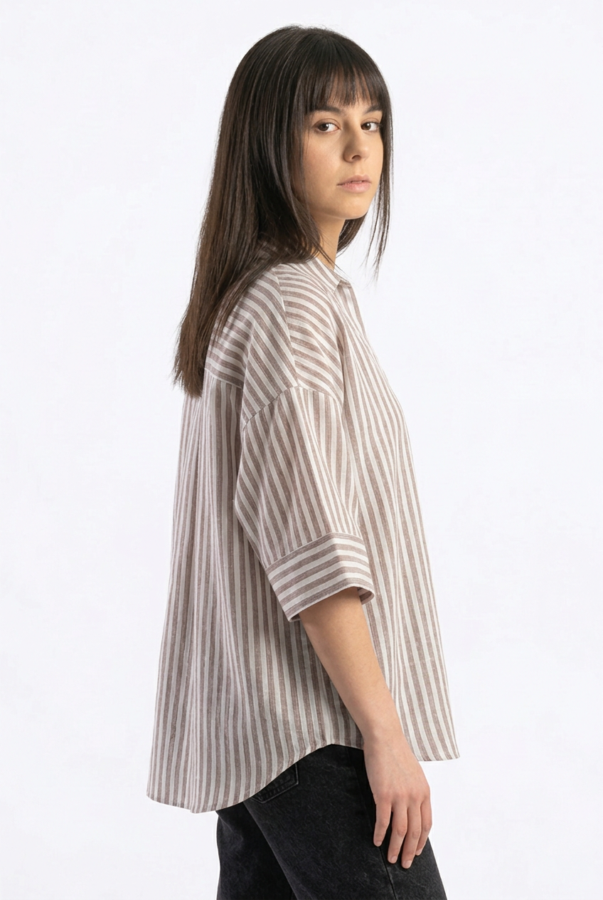 Linen Blended Wide Sleeve Purple Stripes Shirt