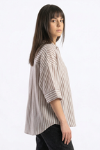 Linen Blended Wide Sleeve Purple Stripes Shirt