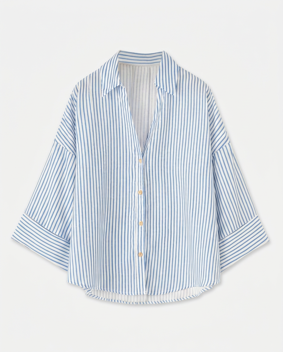 Linen Blended Wide Sleeve Blue Stripes Shirt