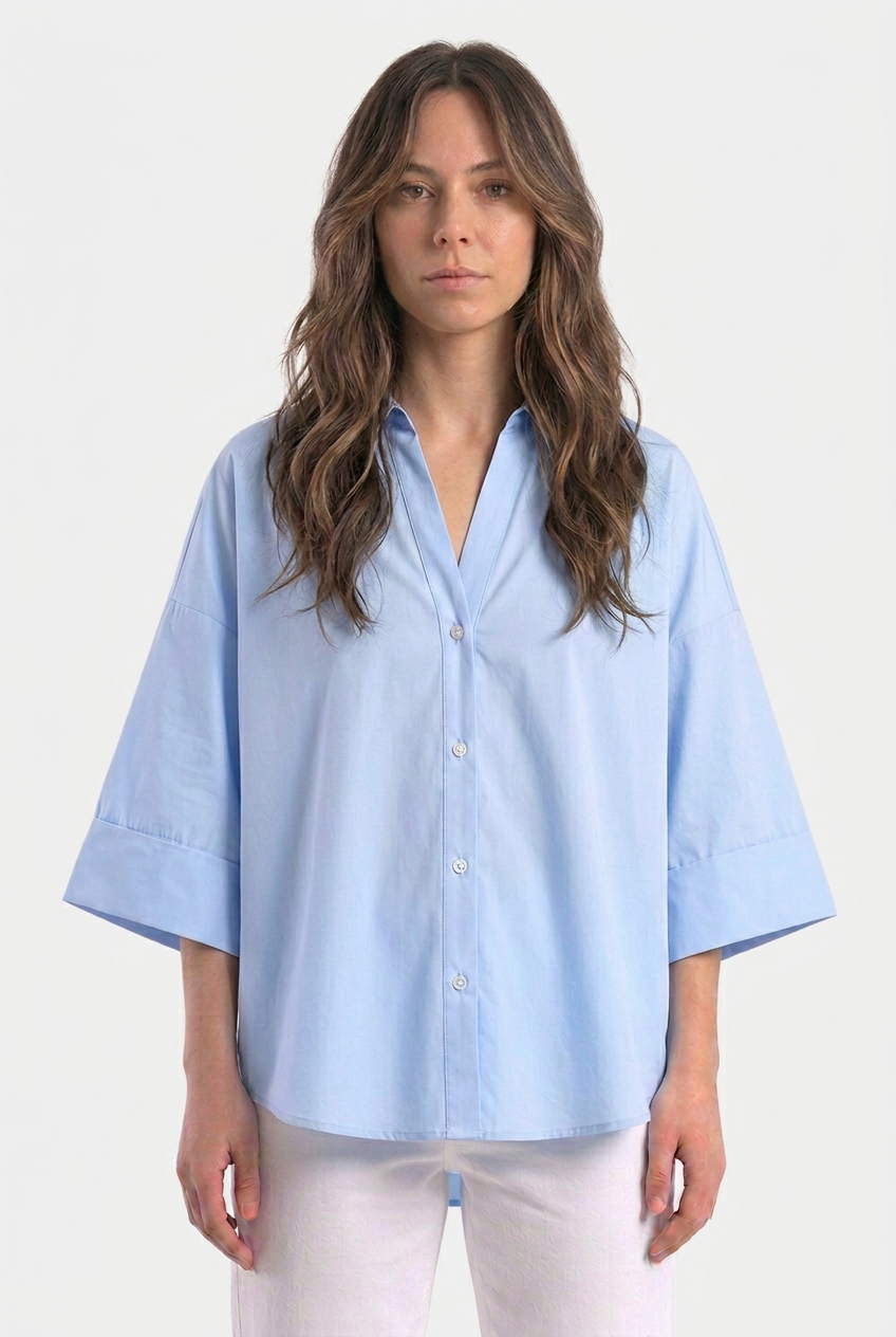 Dory Poplin Wide Sleeve Blue Shirt