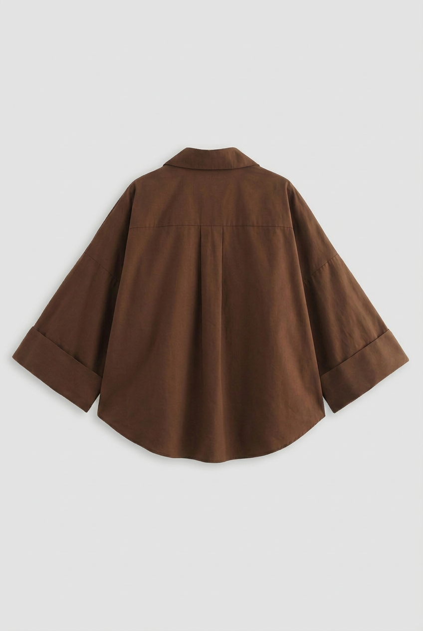 Linen Blended Wide Sleeve Brown Shirt