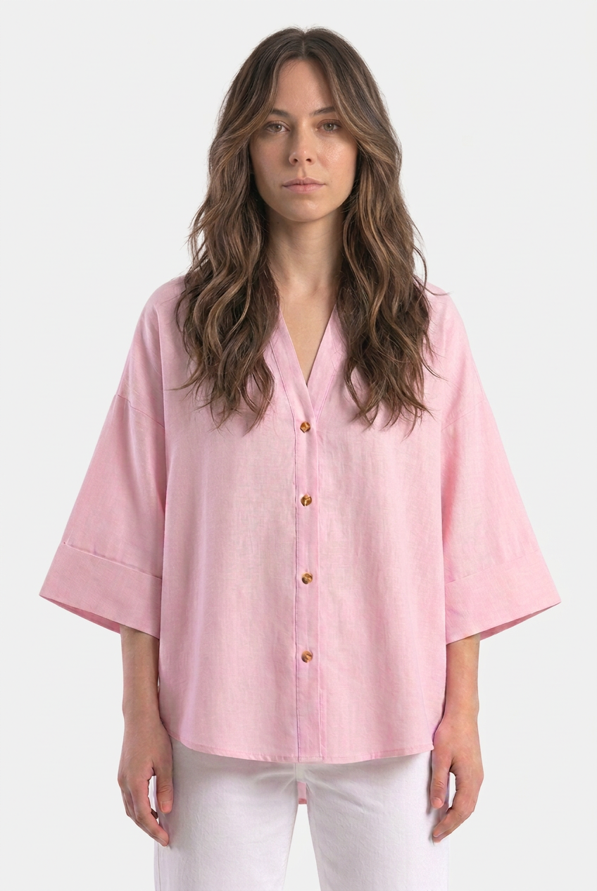 Linen Blended Wide Sleeve White Shirt