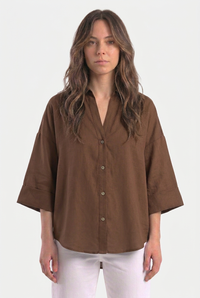 Linen Blended Wide Sleeve Brown Shirt