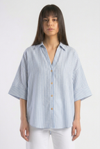 Linen Blended Wide Sleeve Blue Stripes Shirt