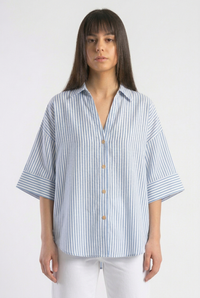 Linen Blended Wide Sleeve Blue Stripes Shirt