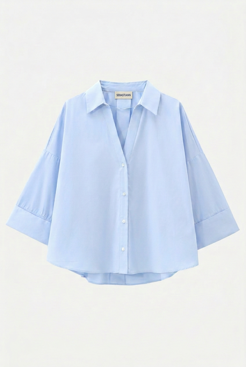 Dory Poplin Wide Sleeve Blue Shirt