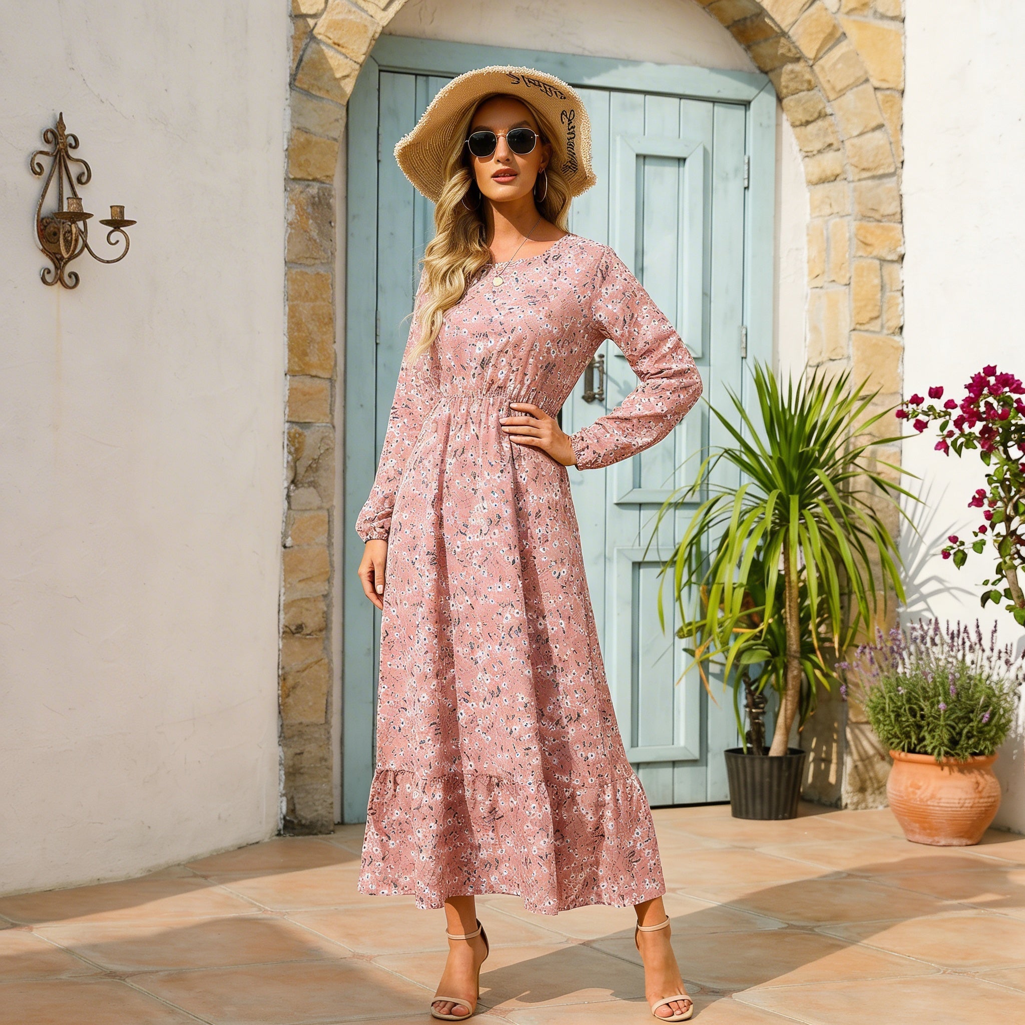 Dusty Rose Ditsy Floral Boho Maxi Dress