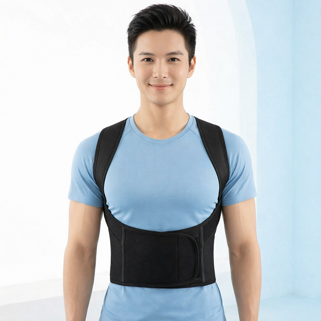 Man wearing a black back brace against a light blue background