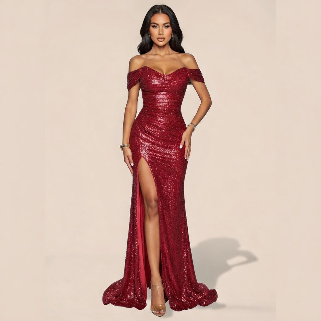 Noir Sequin Off-neck Dress