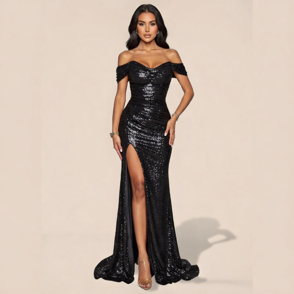 Noir Sequin Off-neck Dress