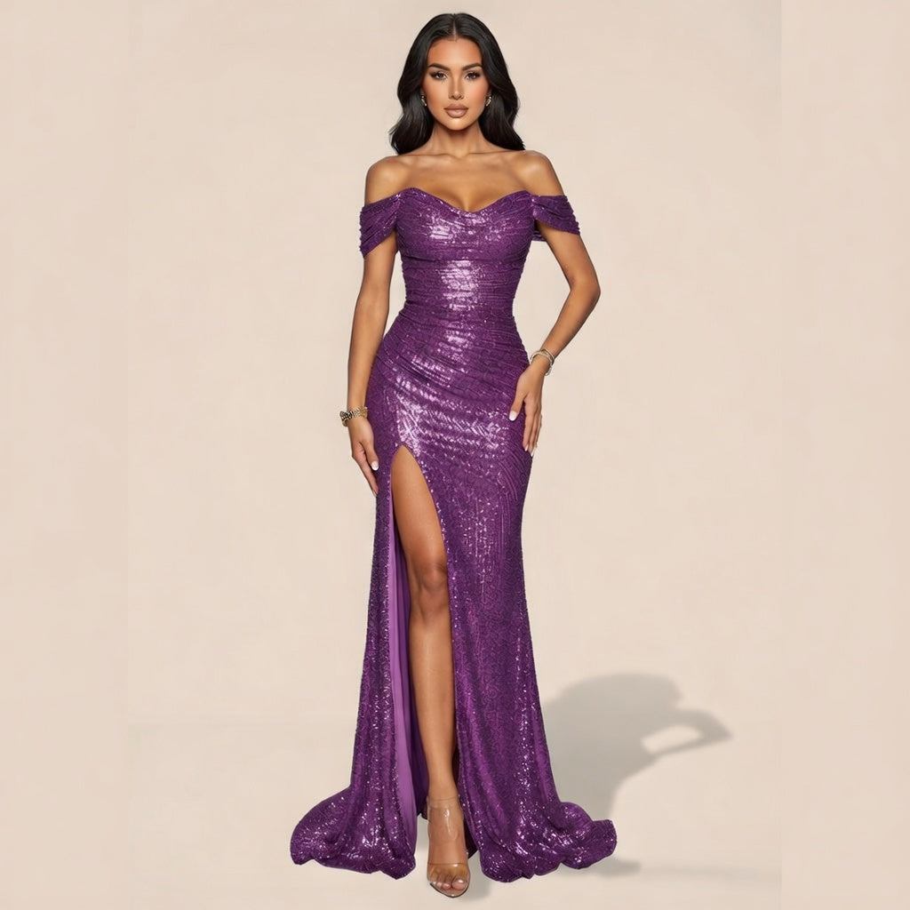 Noir Sequin Off-neck Dress