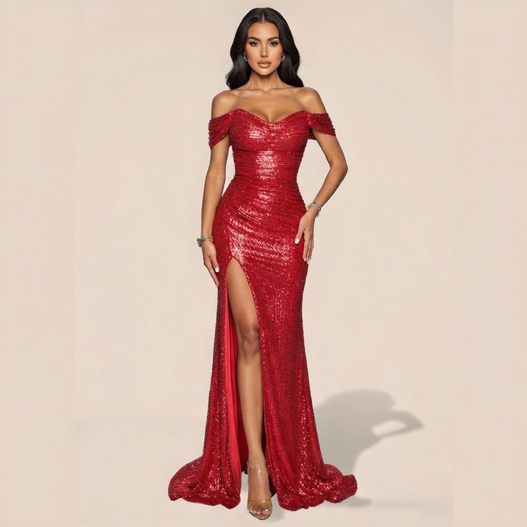 Noir Sequin Off-neck Dress