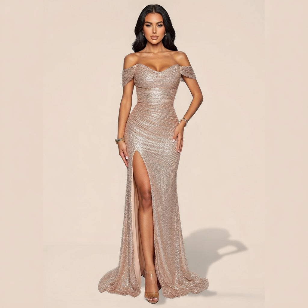 Noir Sequin Off-neck Dress