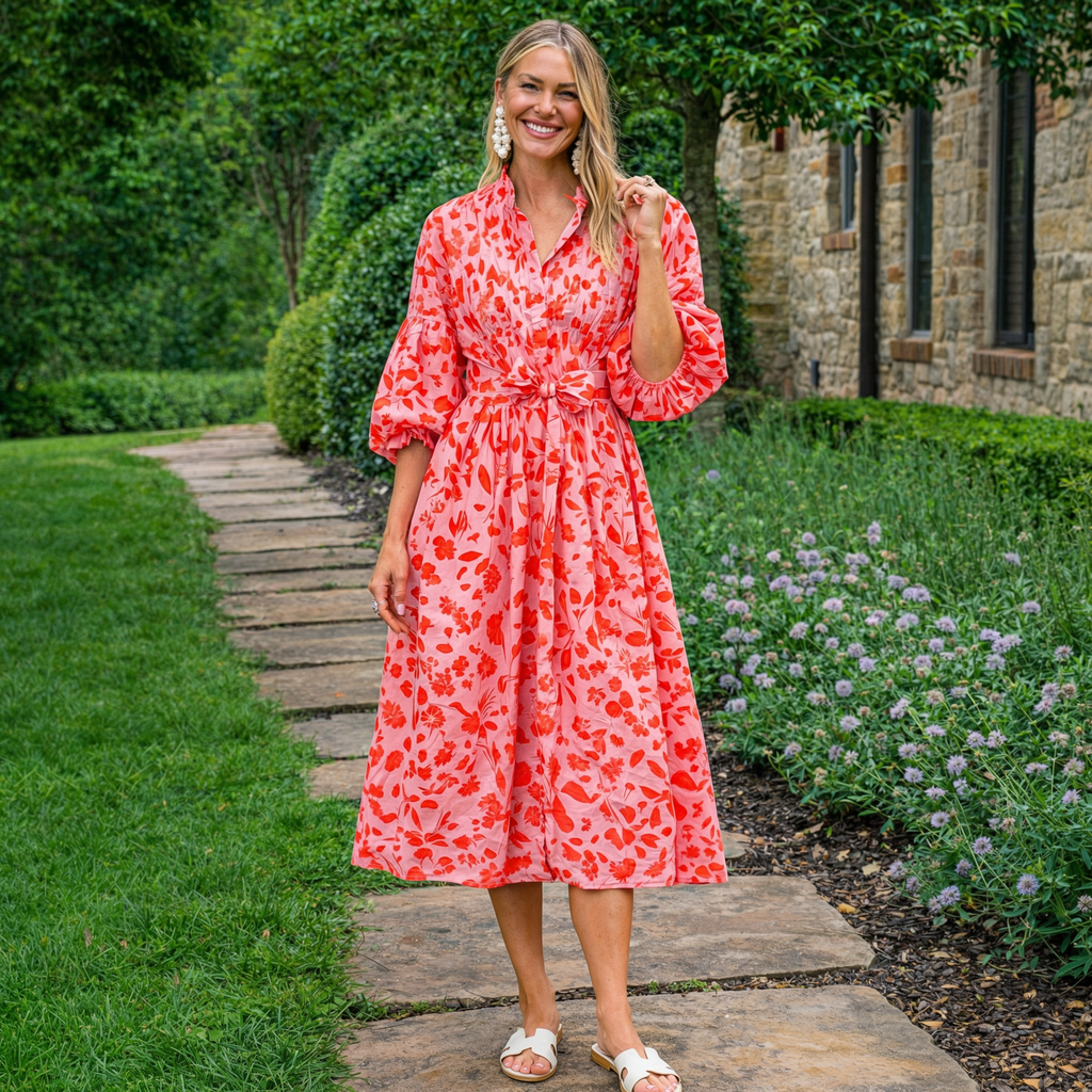 Coral Pink Botanical Bloom Midi Dress