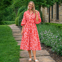 Coral Pink Botanical Bloom Midi Dress