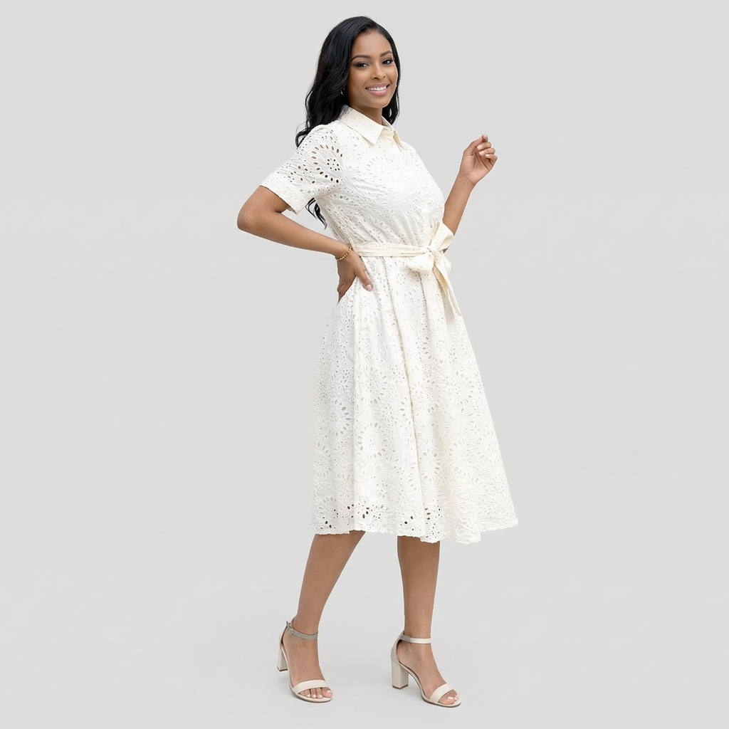 Lapel Hollow White Dress