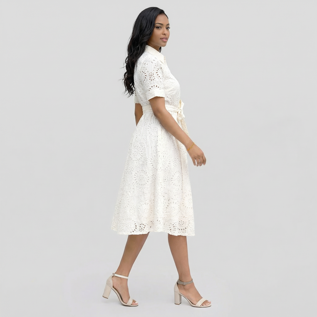 Lapel Hollow White Dress