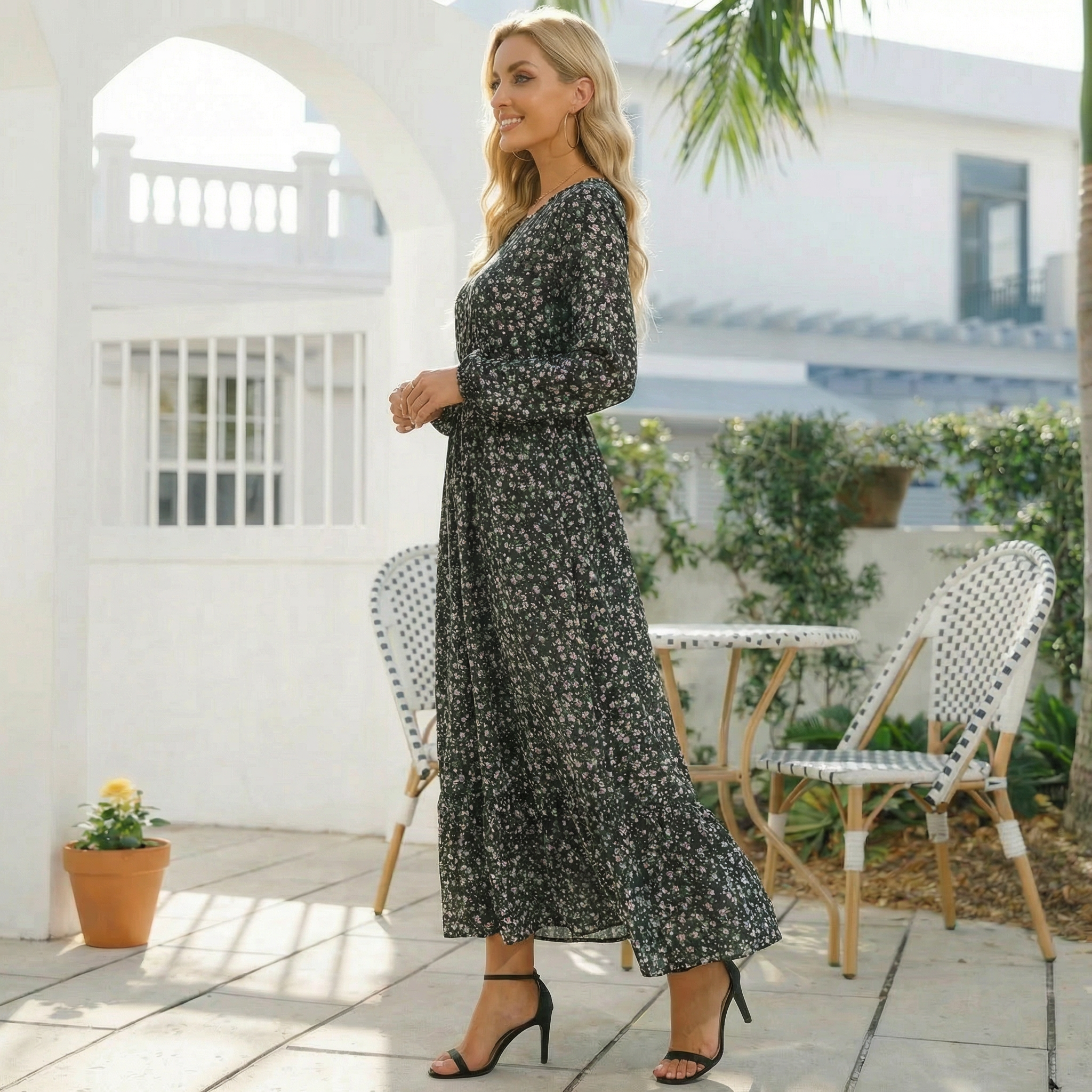 Black Ditsy Floral Lantern Maxi Dress