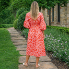 Coral Pink Botanical Bloom Midi Dress