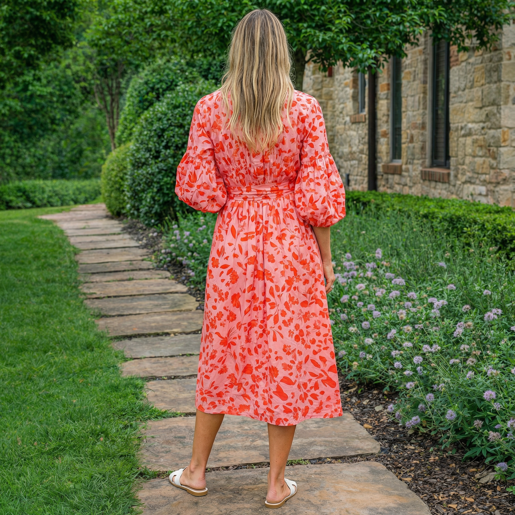 Coral Pink Botanical Bloom Midi Dress