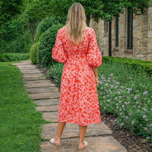 Coral Pink Botanical Bloom Midi Dress