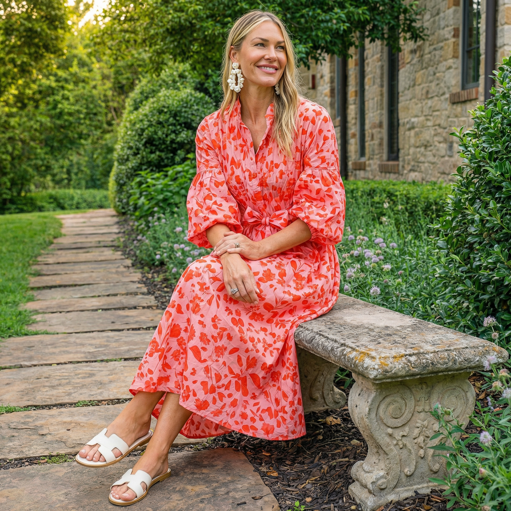 Coral Pink Botanical Bloom Midi Dress