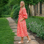 Coral Pink Botanical Bloom Midi Dress