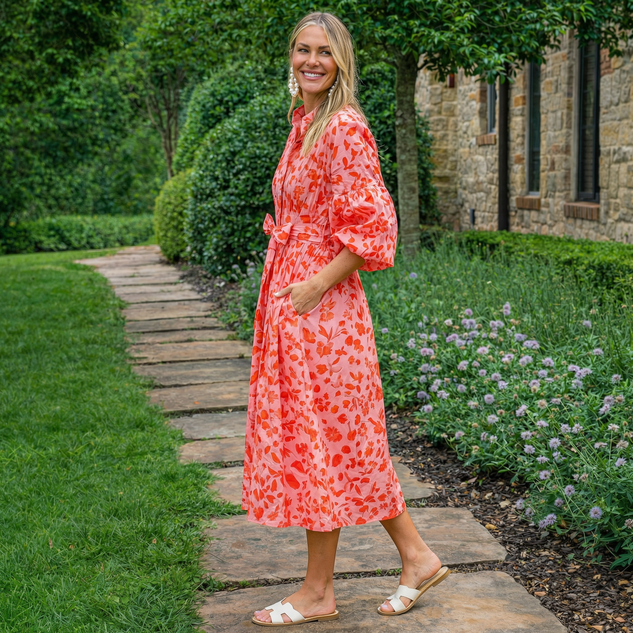Coral Pink Botanical Bloom Midi Dress