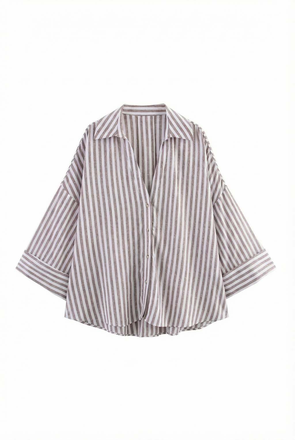 Linen Blended Wide Sleeve Purple Stripes Shirt