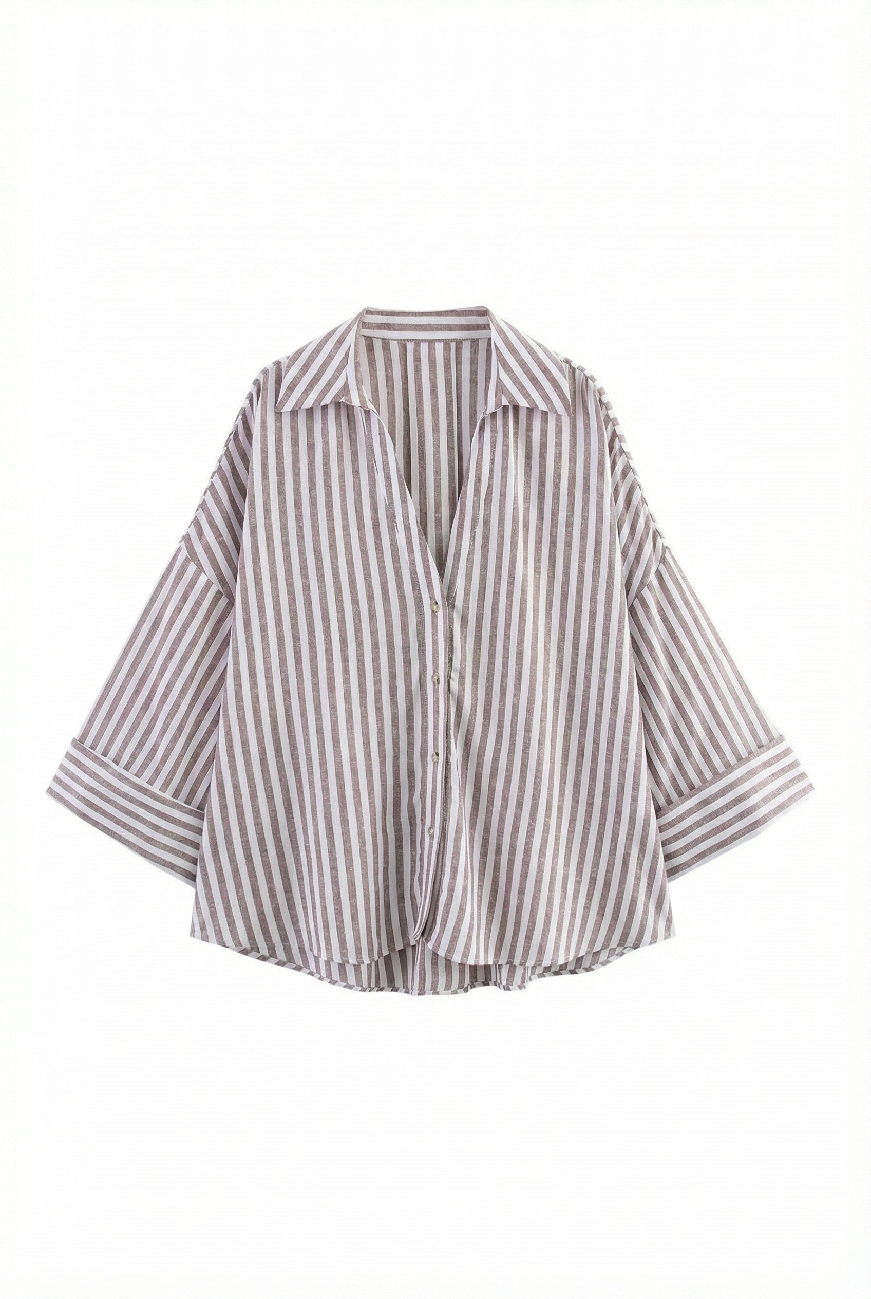Linen Blended Wide Sleeve Purple Stripes Shirt
