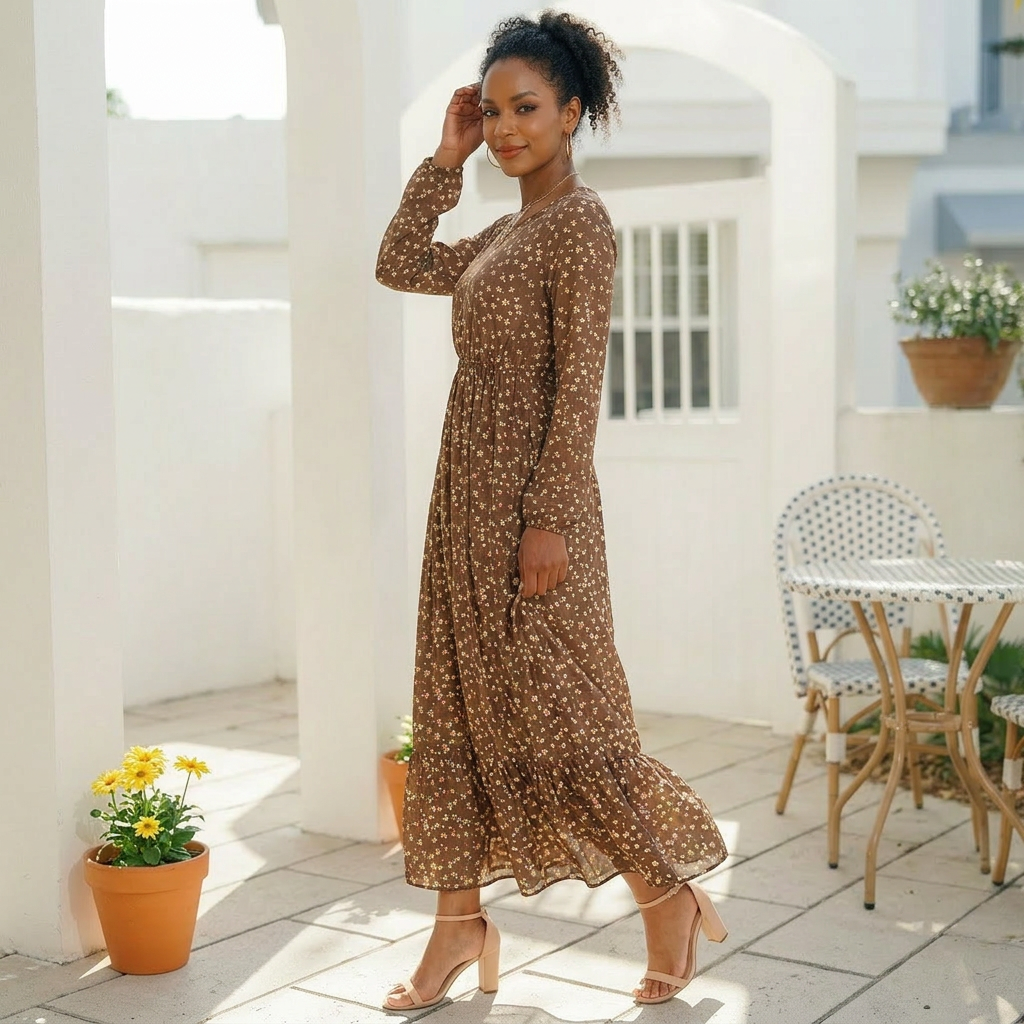 Chocolate Brown Ditsy Floral Maxi