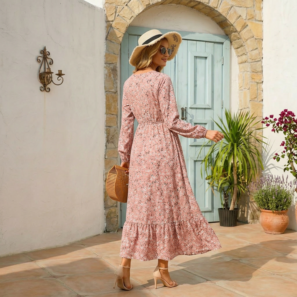 Dusty Rose Ditsy Floral Boho Maxi Dress