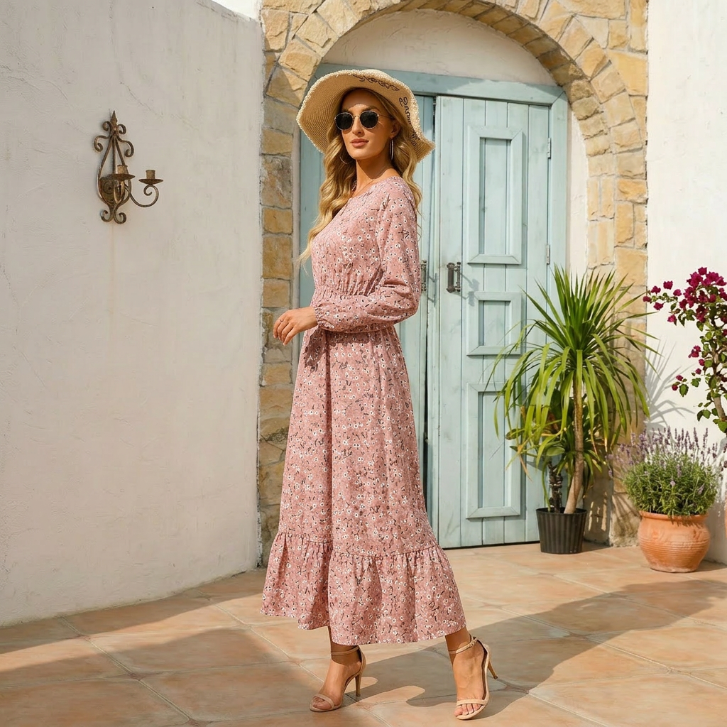 Dusty Rose Ditsy Floral Boho Maxi Dress