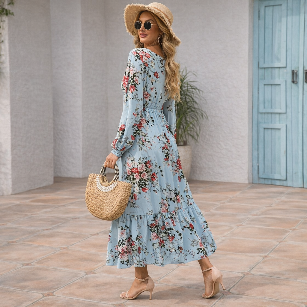 Sky Blue Rose Floral Maxi Dress