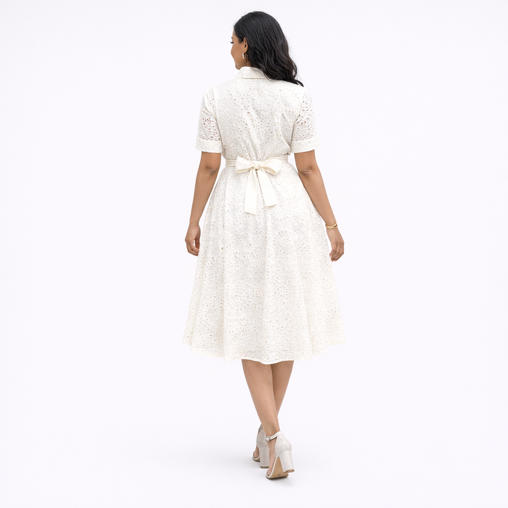 Lapel Hollow White Dress
