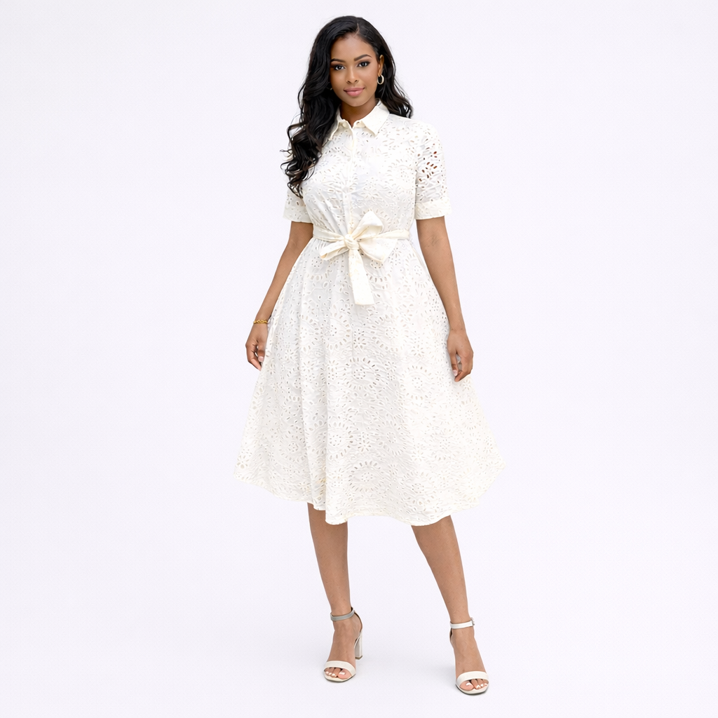 Lapel Hollow White Dress